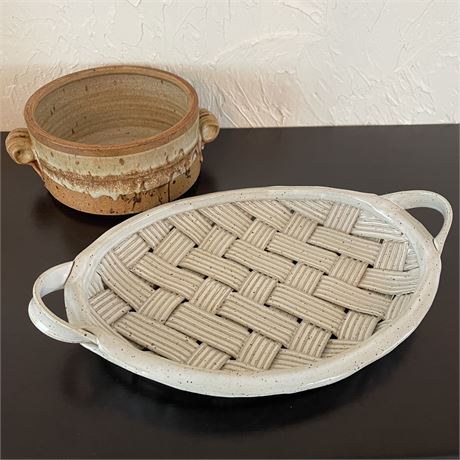 Pair of Pottery Pieces with Wicker Style Tray and Handled Dish