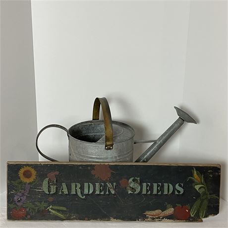 "Garden Seeds" Wooden Sign with Watering Can-turned Planter