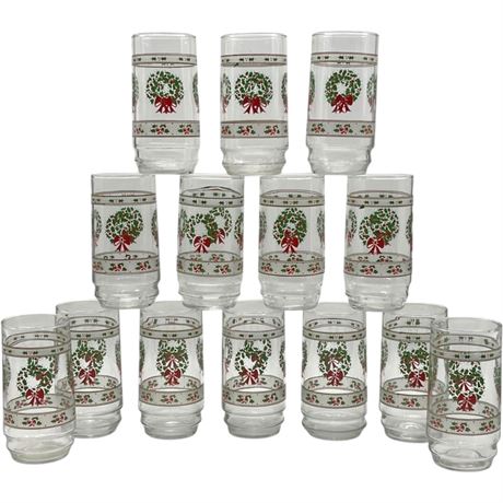 (14) Indiana Glass Victorian Christmas Wreath Drinking Glasses