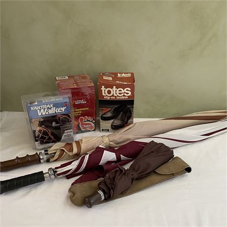 Outdoor Element Necessities with Umbrellas New in Box Warmers, Totes & Trax