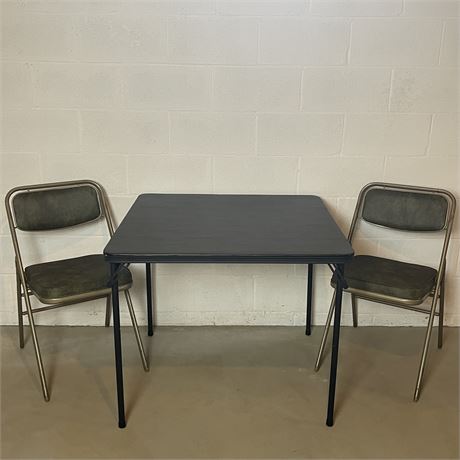 Pair of Mid-Century Green Vinyl Folding Chairs and Black Cosco Card Table