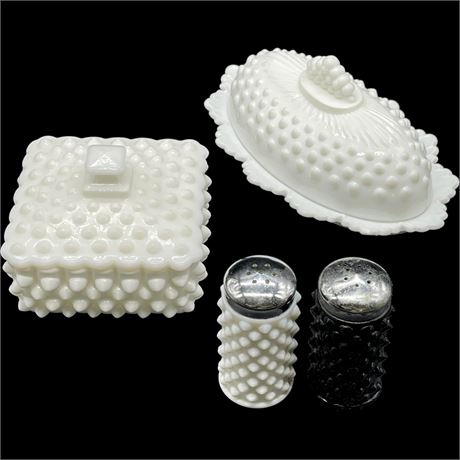 Fenton Hobnail Milk Glass- B&W S/P Shakers with Covered Butter and Candy Dishes