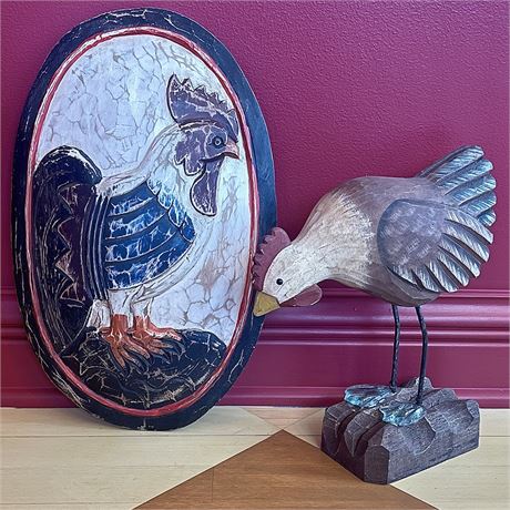 James Haddon Folkart Wooden Rooster with Wall Plaque