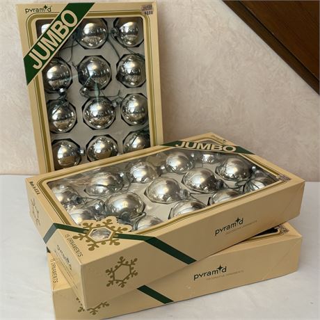 3 Boxes of Vtg Pyramid Jumbo Silver Christmas Ornament Bulbs