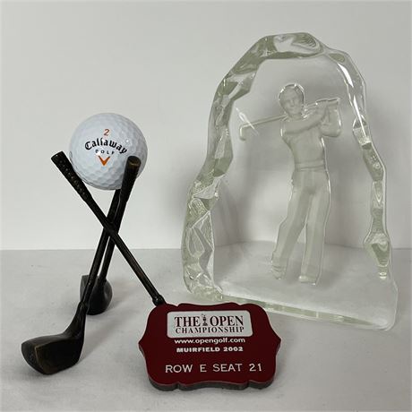 Lead Crystal Glass Male Golfe Paperweight, Ball Display, Open Championship Pin