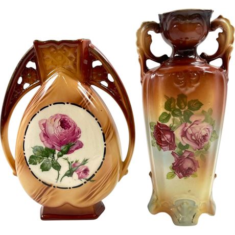 (2) Vtg Czech Hand-Painted Ceramic Floral Double Handled Vases