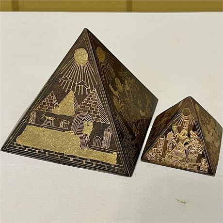 (2) Vtg Egyptian Brass Etched Pyramids