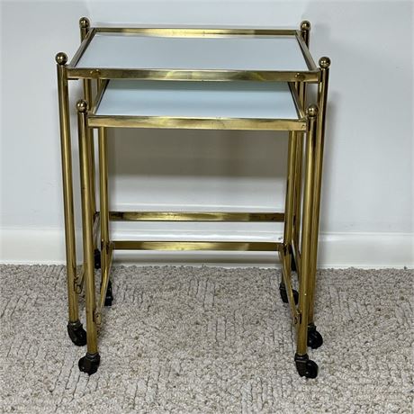 Pair of Solid Brass Maison Jansen Style Nesting Tables on Casters