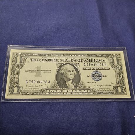 1957 A Silver Certificate $1.00 Bill in Protective Sleeve