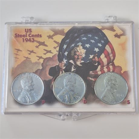 1943 Steel Penny Set, All 3 Mints (P,D,S)