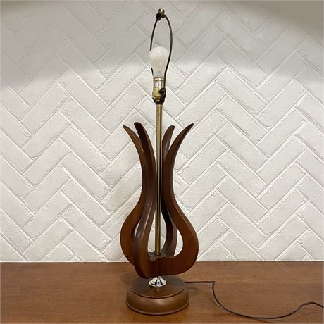 MCM Sculpted Wood & Brass Table Lamp