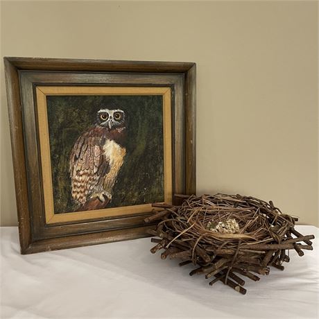Painted Spectacled Owl Framed Canvas with Decorate Birds Nest
