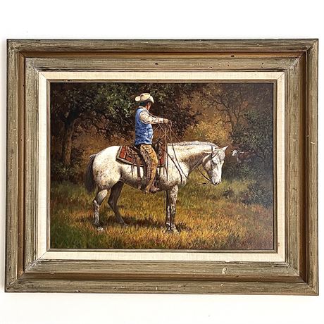 Signed Richard Moody Framed Horse & Cowboy Oil Painting