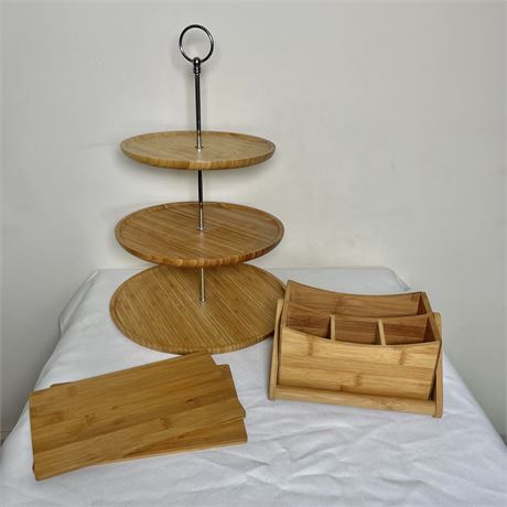 Wooden 3-Tier Display Stand, Cutlery Holder, and (2) Small Cutting Board