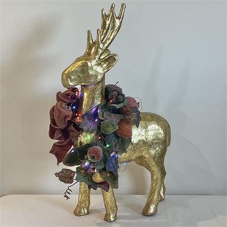 Gold Toned Paper Mache Standing Reindeer w/ Lights