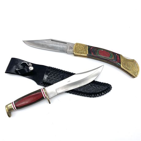 Wood Handle Skinning Knife w/Genuine Leather Sheath & Frost Cutlery Pocket Knife