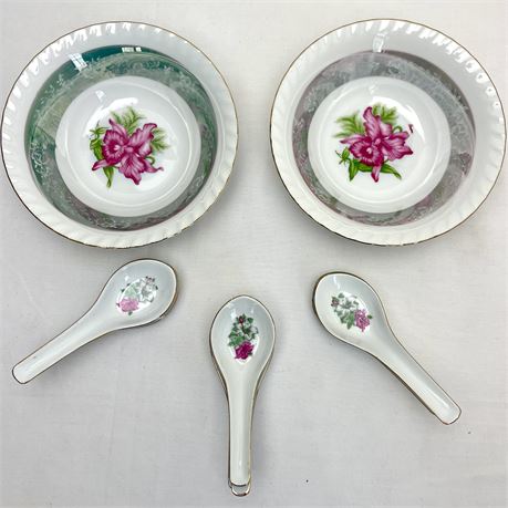 Vtg Lingnan Chinese Ceramic Spoons w/ 2 Bowls made in Japan
