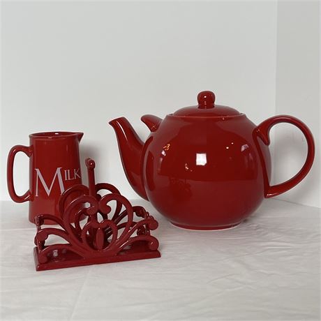 Pottery Teapot and Milk Pitcher with Metal Napkin Holder