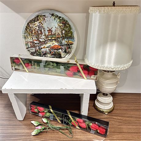 Coordinated Vtg Home Decor with Stool, Lamp, Daher Tray and Vintage Roses