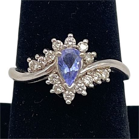 14K White Gold Tear Drop Blue Sapphire and Diamond Size 7.5 Ring