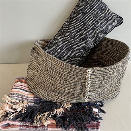 Hand-Woven Cotton Rope Storage Basket w/ Chindi Rug & Decorative Pillow