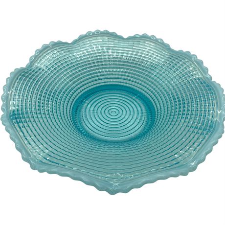 Model Flint Ribbed Spiral Blue Opalescent Glass Ruffled Pedestal Bowl