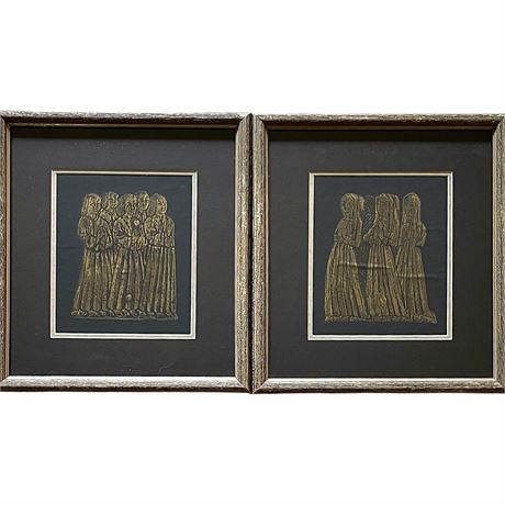 (2) Vtg Brass Rubbing Children of Sir Ralph and Lady Elizabeth Verney Framed Art