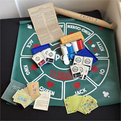 Vintage Cadaco Ellis Tripoley Game Mat with Cards and Poker Chips