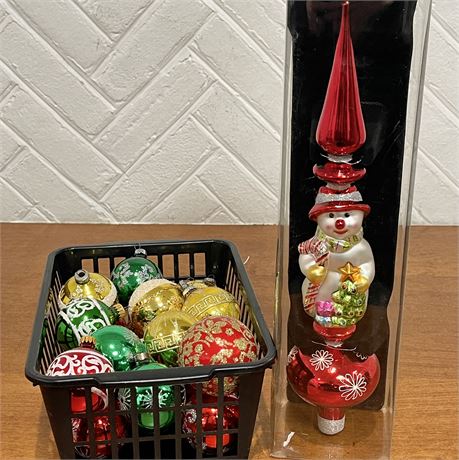 Glass Snowman Finial Tree Topper & Coordinated Glass Ornaments