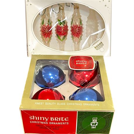 Vtg Shiny Brite Glass Ornaments & Vtg Hand Painted Glass Teardrop Ornaments
