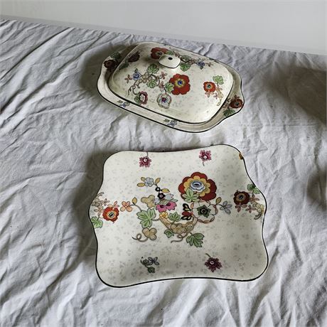 Covered butter dish and a matching square serving plate from the Crown Ducal chi