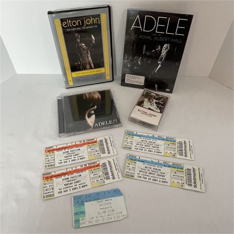 Elton John DVD & Cassette, Adele CD & New DVD/CD w/ Concert Ticket Memorabilia