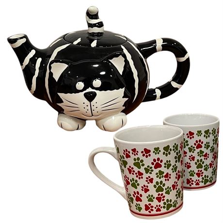 Burton + Burton Chester the Cat Tea Pot with Pair of Pawprint Mugs