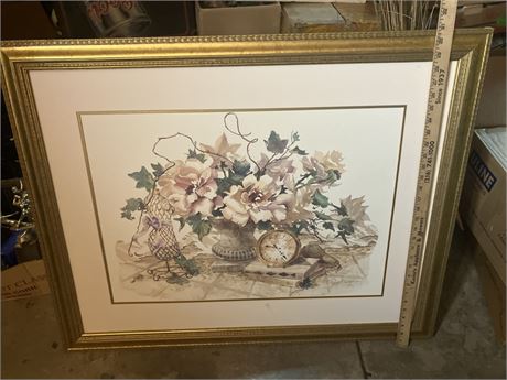 framed art print, .. The print features a bouquet of flowers in a vase, a small