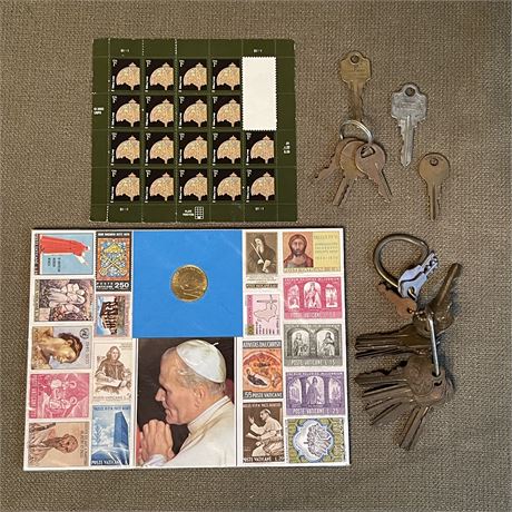 Collection of OLD Keys, Stamps and Vatican Stamps and Coin