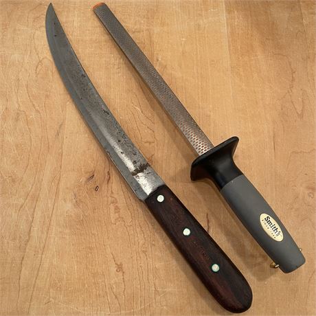 Vtg Dexter Curved Butcher Knife No. 32912 & Smith's Knife Sharpener