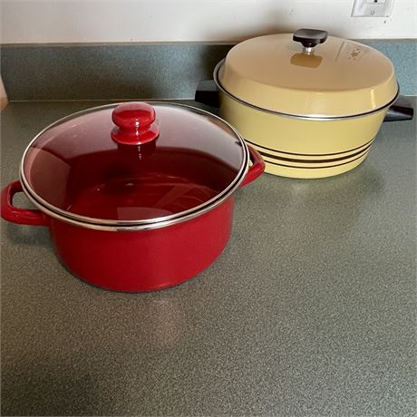 Vintage 5 Quart Westbend with Lid and Bright Red Lidded Pot