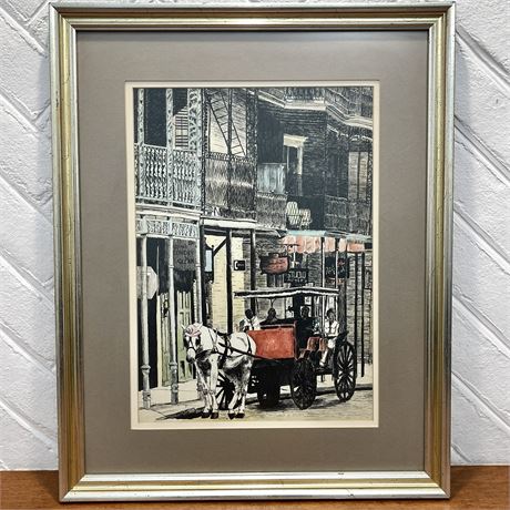 Pen and Ink Drawing w/ Watercolor Accents New Orleans Horse Drawn Carriage Art