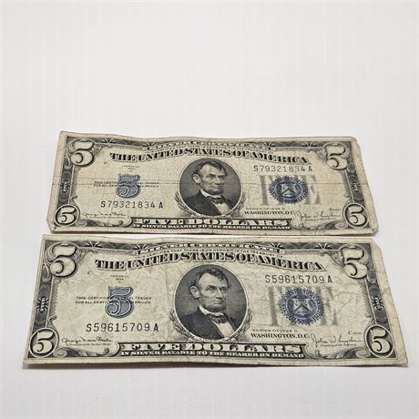 (2) 1934 Silver Certificate $5 Dollar Bills