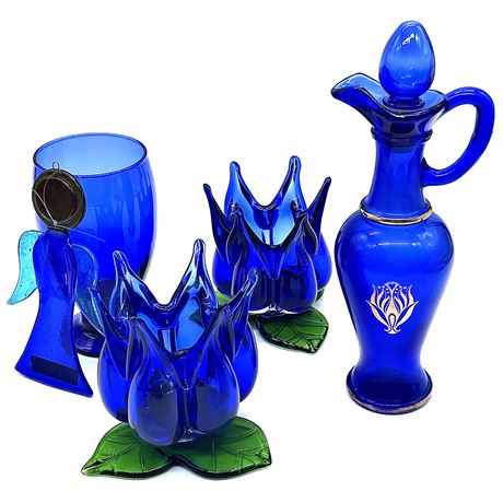 Cobalt Blue Glass Decor with Avon Bath Oil Decanter & More