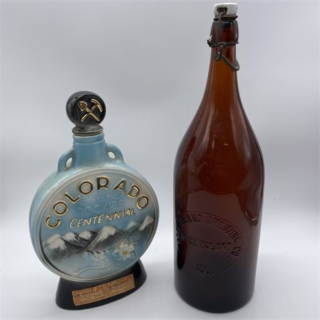 Colorado Bourbon Whiskey Decanter with Old Rock Island Brewing Bottle