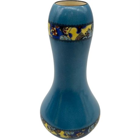 1920s Czechoslovakian Blue Pottery Vase with Hand Painted Bands