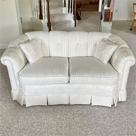 Key City Furniture Damask Upholstered Off-White Tufted and Skirted Loveseat