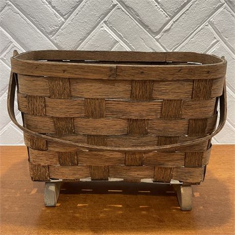 Vintage Footed Wooden Weave Basket Book/Record Holder