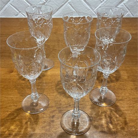 Set of 6 Cut and Etched Antique Crystal Wine Glasses