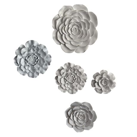 5 pc White and White w/ Gold Accents Flower Wall Art Set