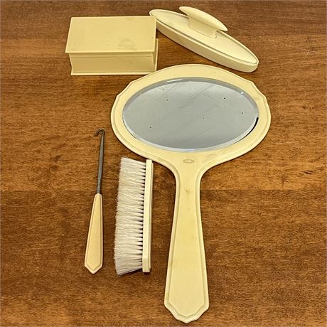 Vtg Ivory Du-Barry Py-ra-lin Celluloid Vanity Set