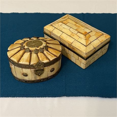 Hand Crafted Brass/Bone & Bone-Look Wood Lidded Trinket Boxes