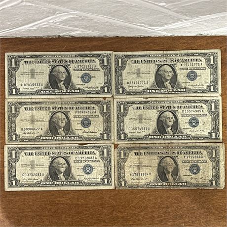 (6) 1935 & 1957 Blue Seal $1 Bill Silver Certificates w/ Double & Triple Serials
