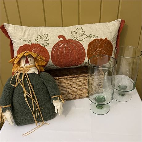 Fall Decor - Pumpkin Pillow, Weighted Plush Scarecrow, Basket & Glass Hurricanes